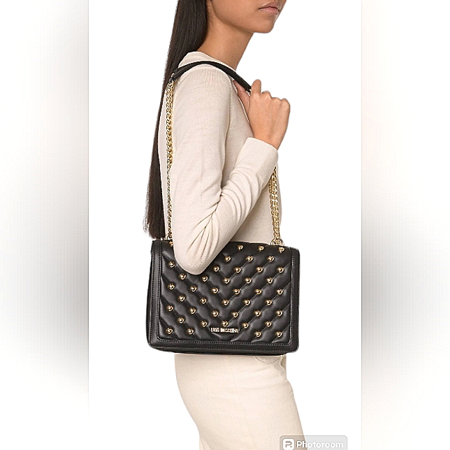 Love Moschino Luxurious Black & Gold Studded Bag W Gold Chain Straps Nwt